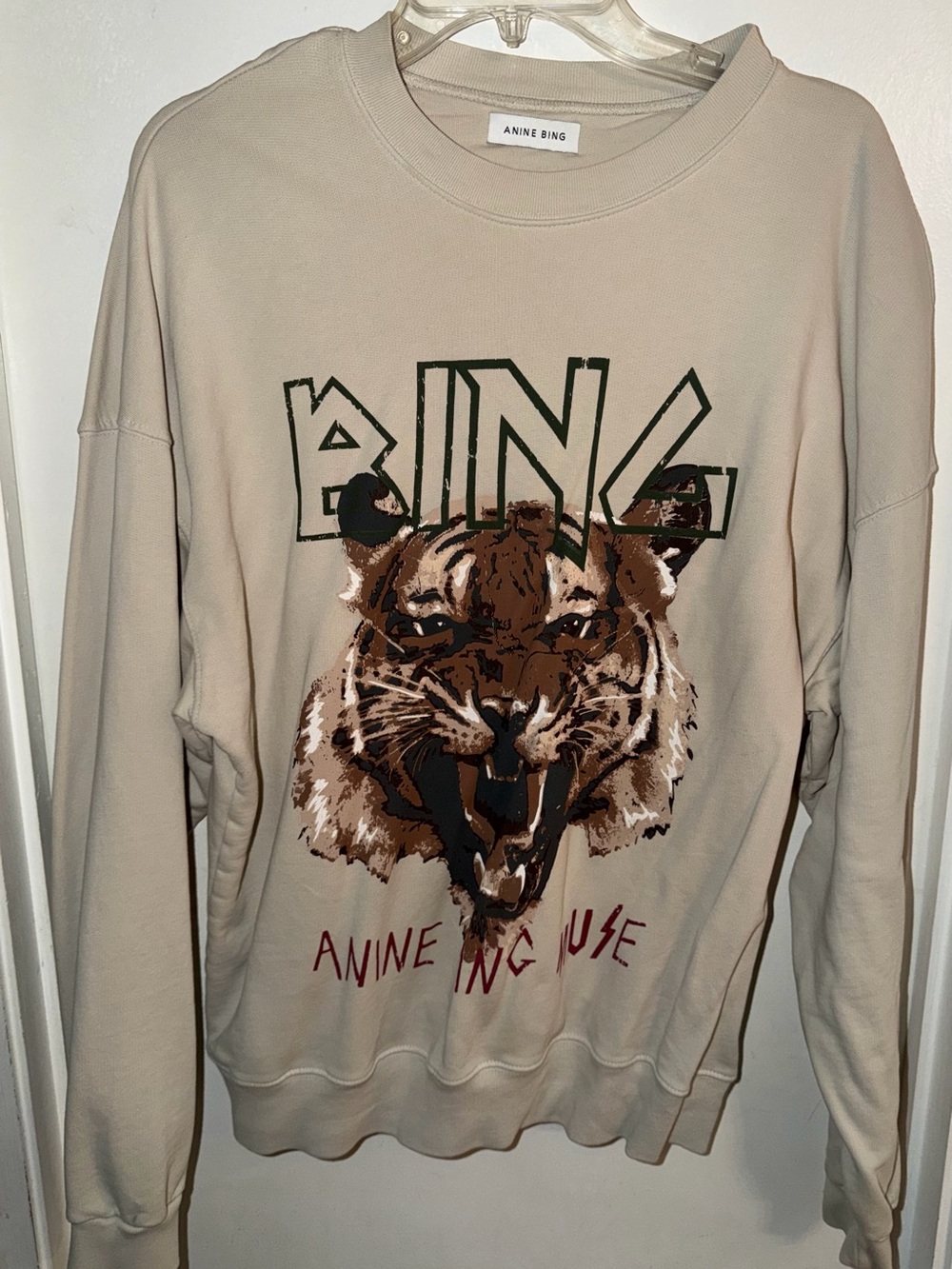ANINE BING Beige Crewneck Sweatshirt with Graphic Tiger